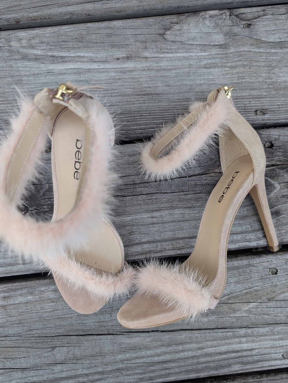 Bebe Heels Size 7 Blush Pink Fuzzy Feather Stiletto Suede Zip Ankle Strap Coquet